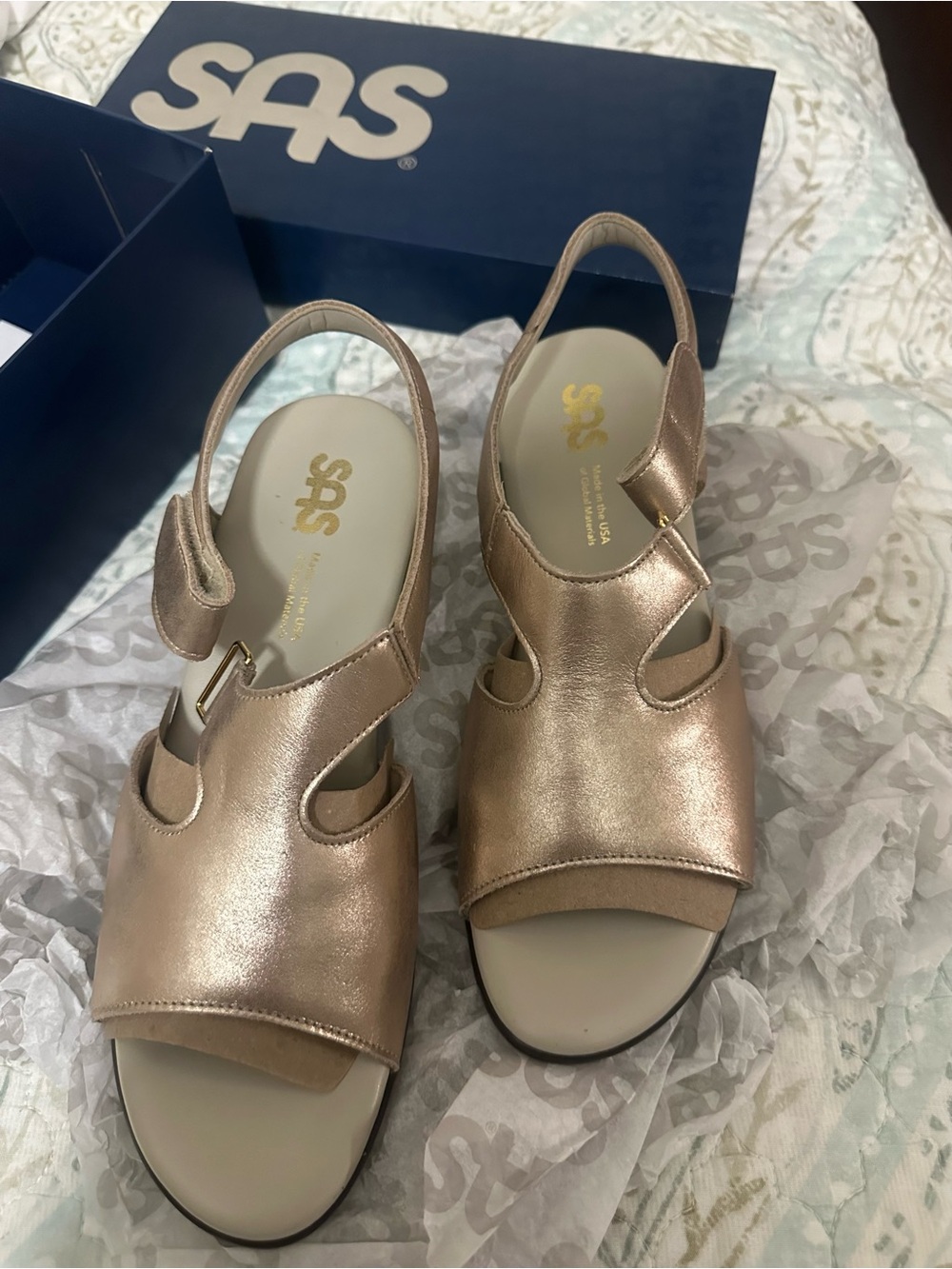 SAS Gold Leather Slingback Sandals